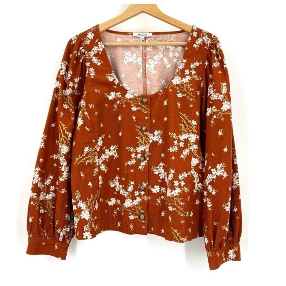 Madewell Corduroy Shirred-Sleeve Button-Front Top in Farmstand Bouquet Size L - Picture 5 of 8